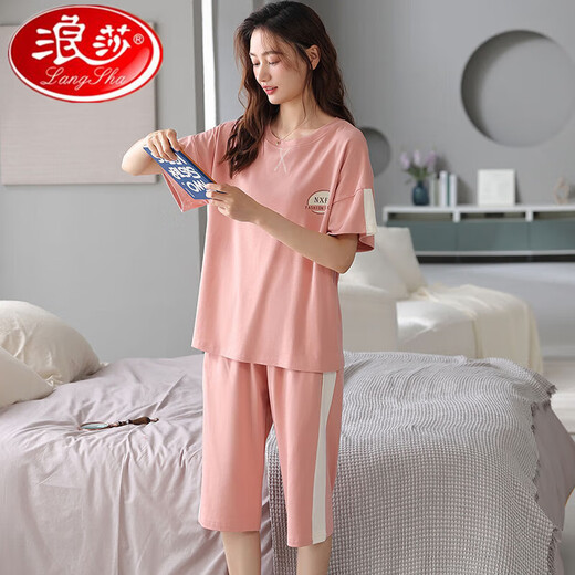 Langsha 100% pure cotton pajamas for women in summer large-size short-sleeved suit Korean casual cartoon cotton cropped pants home clothing N9856 4XL (180-200Jin [Jin equals 0.5 kg])