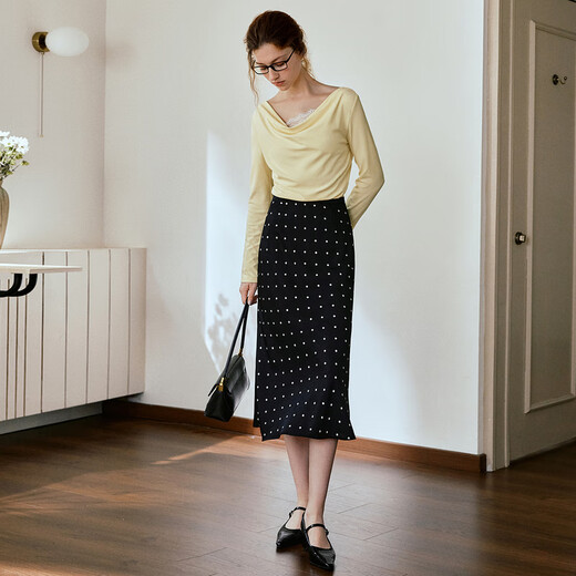 
Olrain A-line slim polka dot skirt women's autumn high-waist slim mid-length skirt black and white polka dot M