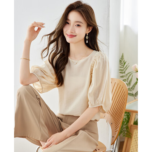 Olj Light Luxury Brand T-Shirt für Frauen im Jahr 2025 Sommer Neue Fünf-Punkte-Hülle schwarze Ohrringe modische runde Hals-Age-reduzierende Chiffon-Top-Bildfarbe S 85-100jin [Jin entspricht 0,5 kg]