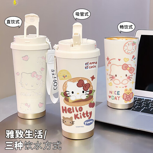 膳魔师可爱咖啡杯学生保温杯大容量316陶瓷不锈钢水杯新款女 不锈钢内胆-FA1342凯蒂猫+挂绳