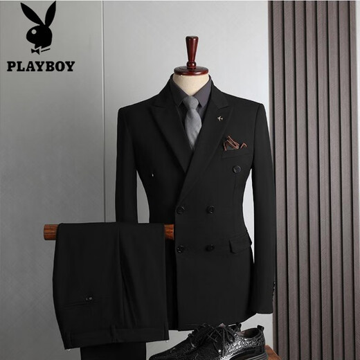 Playboy (PLAYBOY) high-quality suit men's British style double-breasted business casual suit three-piece groom's wedding dress medium gray (suit + pants) M 48