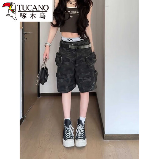 啄木鸟辣妹美式高街多口袋牛仔裤女夏天薄款辣妹迷彩工装五分短裤子 五分裤 S 【80-】