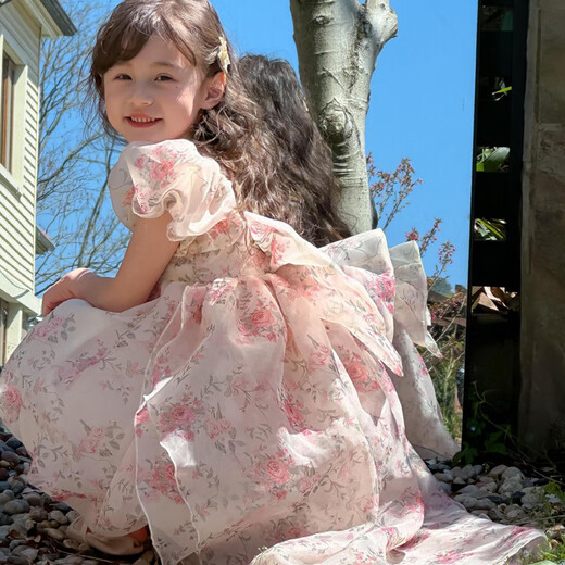 Tiaodegao Princess Dress Girls Summer Princess Dress Floral Bow Tail Dress Birthday Party Dress Floral Bow Princess Dress-Pink-130cm