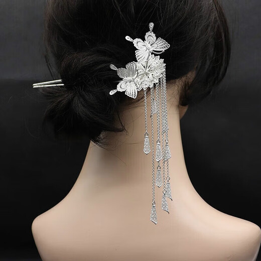 Han Di 999 Silver Double Butterfly Love Flower Hairpin Ancient Style Step Swinging Tassel Hairpin Full Silver Ming System Retro Hanfu Double Hairpin Hair Accessory Butterfly