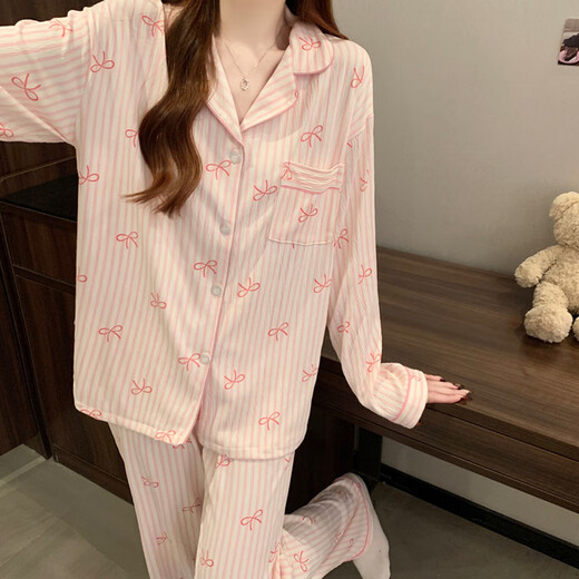 南极人皱皱布睡衣春季款甜美少女条纹长袖韩版休闲可外穿家居服套装 套KK3523# M 170 【建议80-100斤】