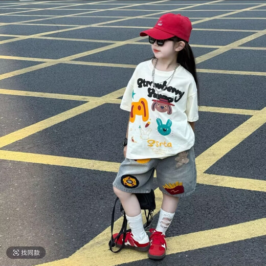 Apocalypse Century Girl Summer Street gebratenes Set 2025 Neues Mädchen Loose Cartoon Kurzarm T-Shirt Denim Medium Hosen Zweiteiler Set Trendy 8 weiße Weste [Single] 150 Größe für Höhe von etwa 1,45 Metern geeignet