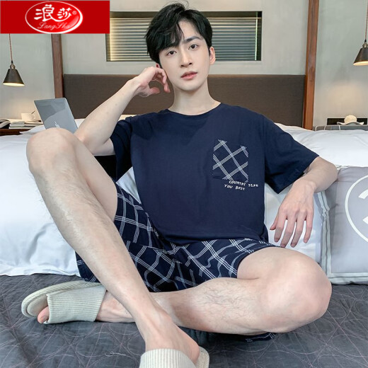 浪莎睡衣男夏季短袖短裤纯棉薄款套装大码宽松两件套男款家居服可外穿 HD9928D短袖套装 L 100-125斤