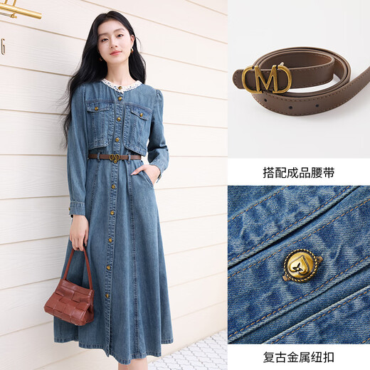 Robe de jean français Xiangy pour les femmes 2025 automne nouveau tempérament rétro à manches longues rond coule pur coton jupe route bleu l 165 / 88a / 110-125jin [Jin est égal à 0,5 kg]