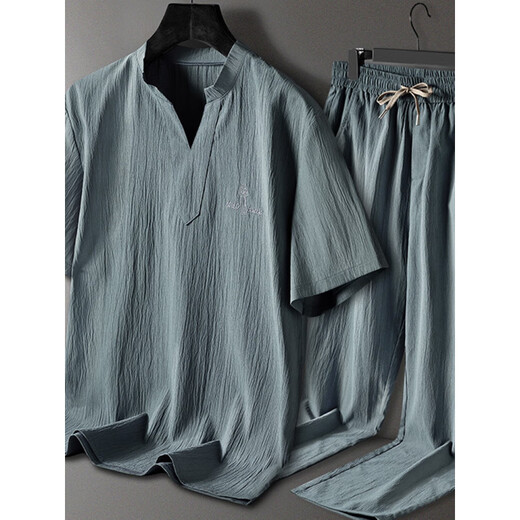 Langsha pajamas men's summer middle-aged short-sleeved trousers thin summer cool large size men's style for outdoor wear home clothing suit 9906 white [short-sleeved + shorts] suit XL [105-120Jin [Jin equals 0.5 kg]]