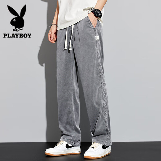 Playboy Jeans Men's Summer Thin Tennis Trendy Brand All-match Straight Loose Ice Silk Simple Wide Legs Youth Fashion Pants 1048 Gray Thin M (28-29 sizes) Weight 95-110Jin [Jin equals 0.5 kg]