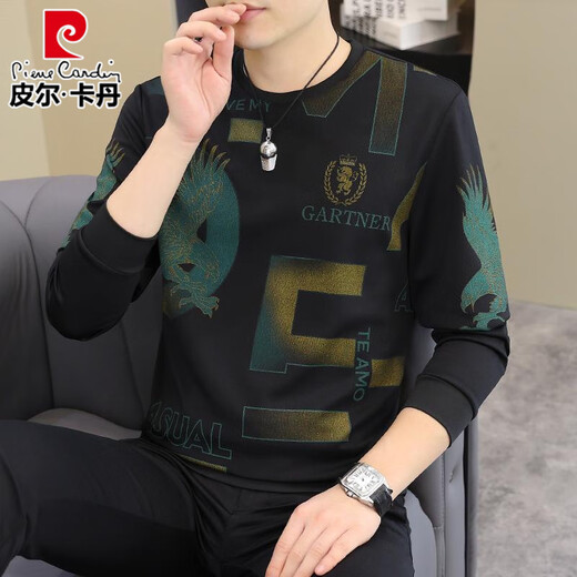 皮尔卡丹（pierre cardin）2025春秋新款男士长袖T恤欧货潮男帅气时尚卫衣加大码打底衫体恤 【春秋】6626卡其 薄款 M 90-115斤
