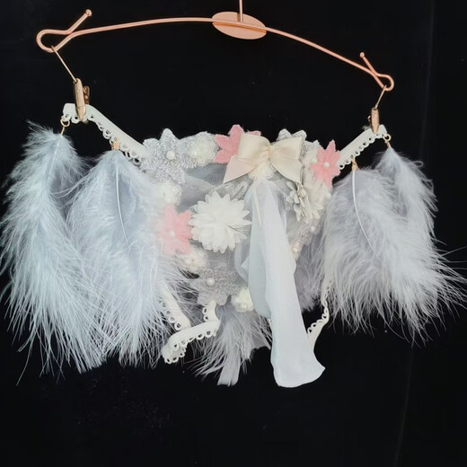 Open crotch lace men's pure desire sexy modified JJ set underwear feather decoration embroidered breathable open file thong love white JJ set open style 100-140Jin Jin equals 0.5 kg