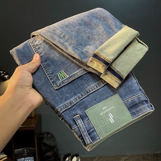 高端男士牛仔裤春秋季2025薄款修身小脚裤刺绣韩版潮流哈伦男裤子 蓝色 31