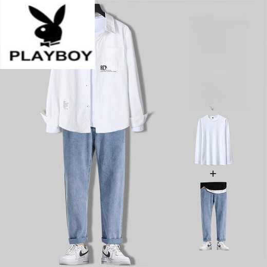 Playboy (Playboy) Мужская повседневная рубашка с длинным рукавом мужская набор весна и осенняя модная мужская одежда Полный комплект со зрелой модной одеждой 679 синяя рубашка + длинная белая T + 71 синие джинсы xl