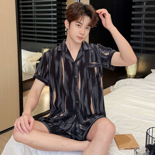 
Men's pajamas short-sleeved simulated ice silk summer teenager male students can wear home clothes suits outside SX-677 men's meteor style L [90-110Jin [Jin equals 0.5 kg]]