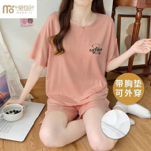 莫代尔睡衣女款2024新款夏季带胸垫一体凉感套装甜美可外穿家居服 带胸垫W12611套装 M 70-90斤