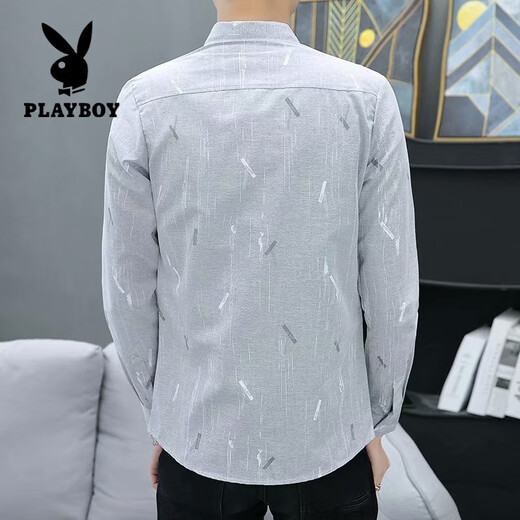 花花公子（PLAYBOY）新款衬衫男士衬衣休闲帅气春秋男装修身韩版潮流薄款商务长袖衬衫 9918灰色 M 163/90-108斤