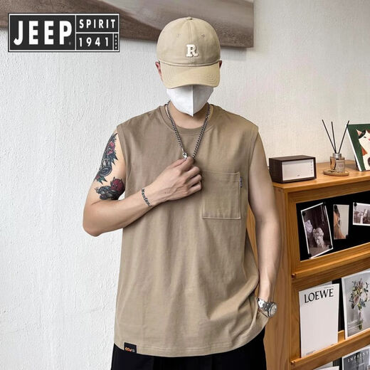 
JEEP SPIRIT Jeep Large Size 300 Jin [Jin equals 0.5 kg] New summer pure cotton American retro sports vest men's sleeveless shirt loose knives khaki [selected good stuff] XL Recommended 110-125 Jin [Jin equals 0.5 kg]