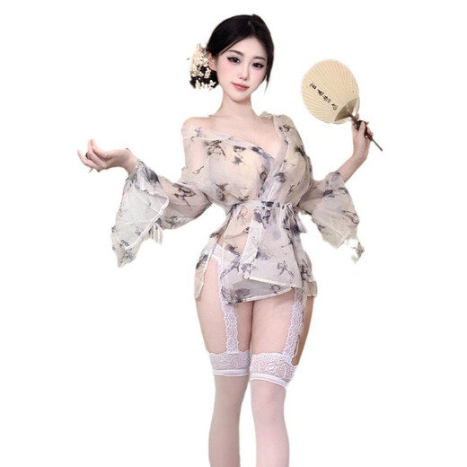 思幽情趣内衣性感蝴蝶印花透视系带深V开襟和服睡袍睡衣6227 古印花外袍 均码