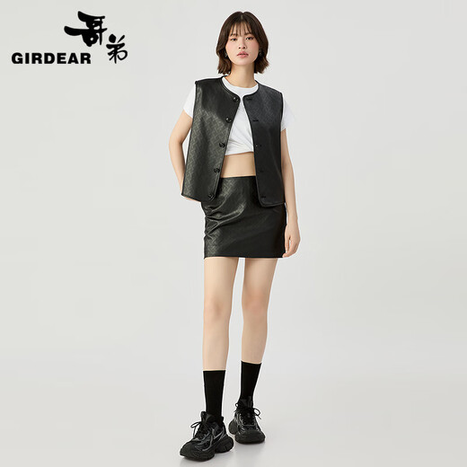 哥弟（GIRDEAR）女装2025夏装新款时髦造型圆领PU皮马甲外套女140023 黑色 M (3码)