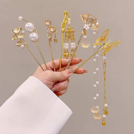 Ancient style new Chinese style metal hairpin step rocking flower hairpin 2025 new high-end Hanfu hairpin headdress 12# pearl fan-shaped silver