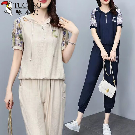 啄木鸟时尚棉麻套装女夏季2025新款印花拼接宽松显瘦松紧腰束脚裤两件套 藏青色帽子 L 90-105
