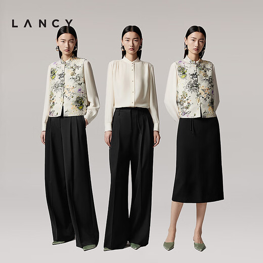 LANCY 100% mulberry silk autumn new temperament high-end silk stand-up collar long-sleeved shirt for women off-white M