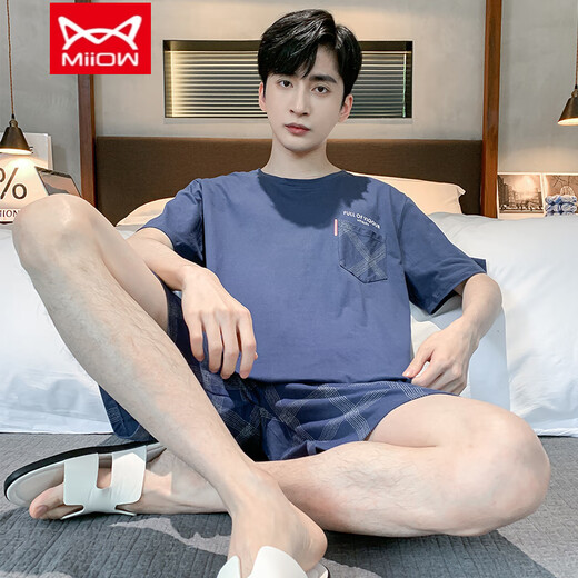 猫人（MiiOW）夏季男士睡衣短袖短裤棉质青少年韩版学生大码家居服中年套装薄款 9928 XL 男士(建议130-150斤)