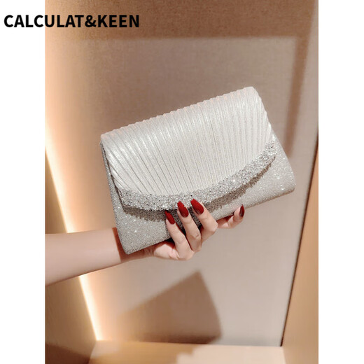 CALCULAT/KEEN European and American fashion new luxury party bag shiny silver pleated diamond clutch bag diagonal strap bag 159 silver