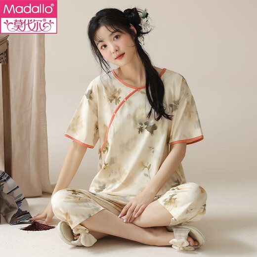 莫代尔女士短袖睡衣套装夏季新中式国风棉家居服七分裤夏天薄款可外穿 LZY9901 M (建议75-95斤)