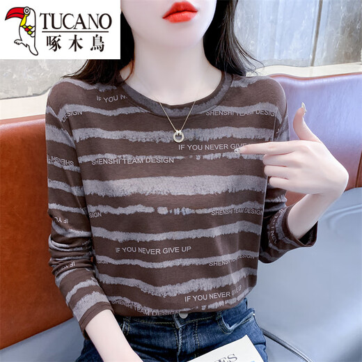 Specht Nischenbrief drucken reine Baumwoll-Langarm-T-Shirt für Frauen im Herbst und Winter Neuer innerer Basishemd 1703 Weiß + DD1396 Khaki S für 70-89Jin [Jin gleich 0,5 kg]