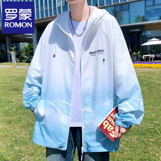 Ropa de protección solar con capucha de Romon para hombres 2025 Nuevo gradiente Ligera de verano Adolescente estudiante Estudiante Estudia de protección para solar ropa 6623 verde M alrededor de 90-100 Jin [Jin equivale a 0.5 kg] se puede usar