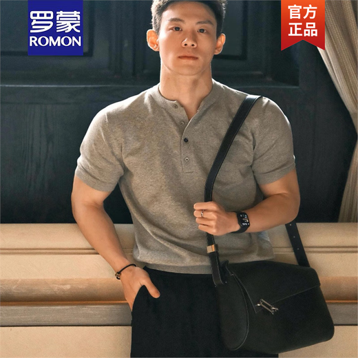 ROMON gray henley collar short-sleeved men's summer American retro casual polo collar bottoming shirt half-sleeved t-shirt for men black upgrade 90 buyers choose L recommendation 120135Jin Jin is equal to 0.5kg without waist size is a bit larger