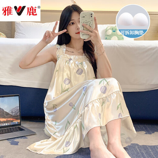 雅鹿睡裙女夏季自带胸垫冰丝凉感吊带睡衣夏天女士甜美可爱家居服春秋 3888【不可拆胸垫】 M 【75-100斤】