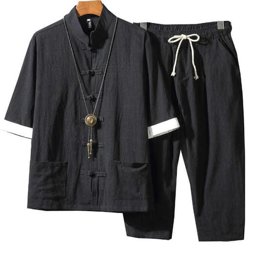 Shikuang Chinese style linen suit men's summer seven-quarter sleeve men's cotton linen Hanfu retro Tang suit Zhongshan suit buckle coat without words black A718 set [Quality assurance] 2XL 145-160Jin [Jin equals 0.5 kg]
