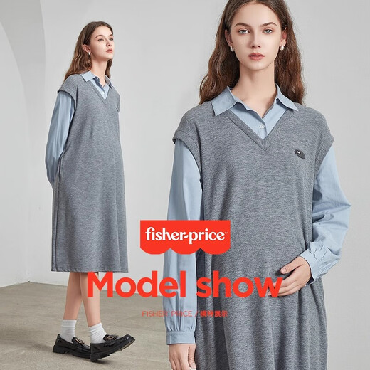 Fisher-Price Maternity Dress 2025 New Spring and Autumn Maternity Shirt Top Fake Two-piece Suit Large Size Autumn Clothing Light Gray Maternity Skirt L 120-145 Jin Jin equals 0.5 kg Suitable to wear