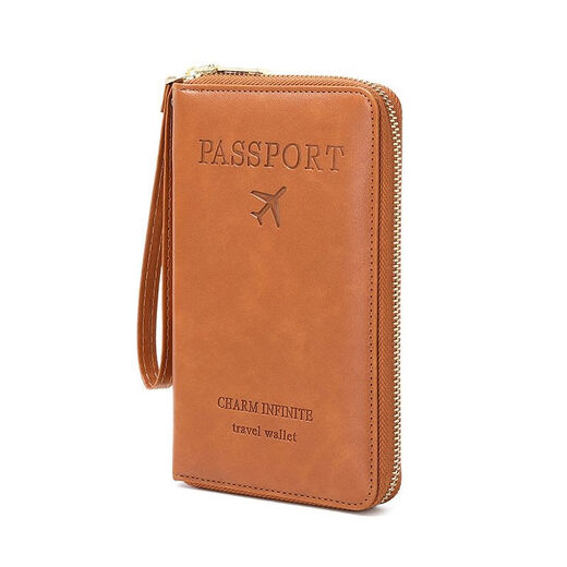 Popular new RFID passport clip air ticket storage certificate bag zipper long wallet multifunctional travel passport bag brown