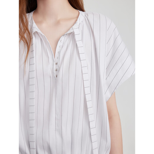 
ELLE slack lace-up striped shirt for women 2025 summer new loose casual niche commuter style shirt white L