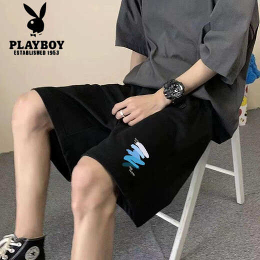 Playboy Hong Kong Style Casual Shorts Men Summer American Imprimé Pantalon Sports Loose Sports Ins Brand Trendy Men de cinq points [3878 * YX LOVE] -BLACK 4XL