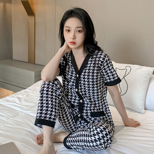 夏天睡衣女短袖长裤薄款开衫空调服宽松大码家居服女士套装可外穿 QDM【Y867-2#】黑色千鸟格 2XL