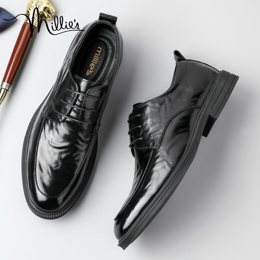 Millies Top Layer Cowhide Herrenschuhe Britische Business Casual Schuhe glänzend Retro Herren Hochzeitsschuhe Lederschuhe Männer U1291 Black 42
