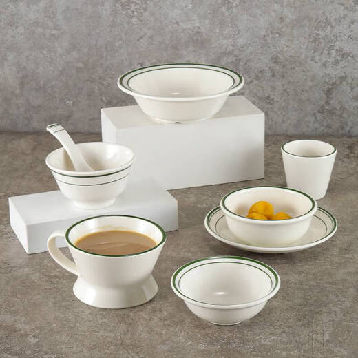 Sanqihu Tischgeschirr Imitation Porzellan Restaurant Schalen und Gerichte Set Hotel Hot Pot Set Tisch Plastik Dip Sauce Schüssel Reis Schüssel Teller Löffel Werbung LD-1047 Green Edge
