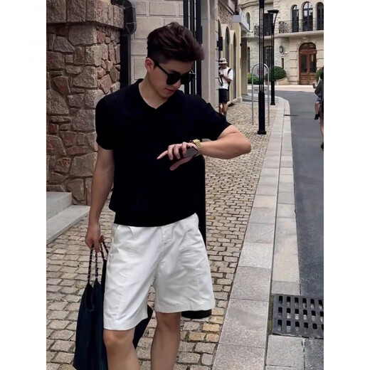 Tulan old money style outfit suit for men 2025 new American Henry collar knitted short-sleeved men's thin linen shorts, a set of two, black polo shirt + white shorts XL (suitable for 130-145 Jin Jin equals 0.5 kg