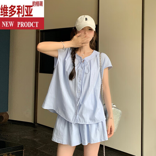 维多利亚的格调蓝色棉麻套装裙女夏小个子巨好看时尚洋气时髦短袖短裤休闲两件套 蓝色 两件套 设计师原版 S (建议105斤以下)