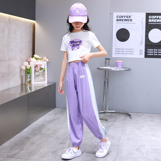 Little Hanlu Girls Summer New Sports Set Trendy Short Sleee Lose Dünner Sommeranzug 16012 Lila + 9889 Weiß 120 cm