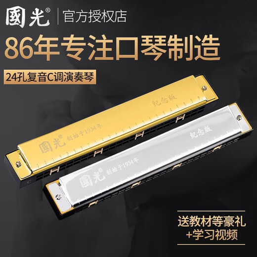 国光24孔28孔复音教学成人口琴C调音簧比赛初学口琴国之梦吹奏乐器 金色复音C调【纪念款】
