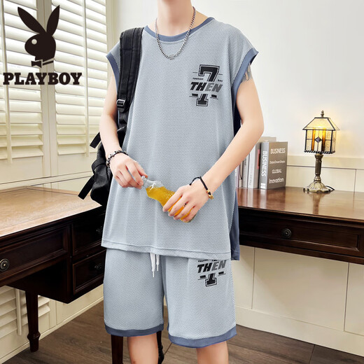 Playboy (PLAYBOY) ice silk sleeveless T-shirt boy 12-15-year-old teenager student quick-dry basketball uniform 13 children's vest sports suit 6636 blue (vress + shorts) quality assurance L 100-120Jin [Jin equals 0.5 kg]