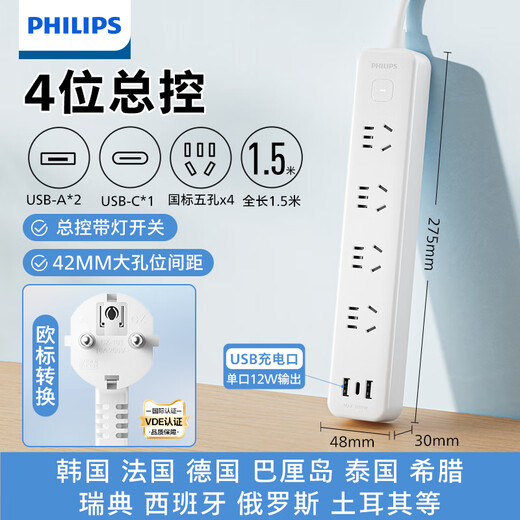 Philips (PHILIPS) Europäischer Standard-Konvertierungsstecker, koreanischer europäischer zu nationaler Standard-Steckerreihe, russischer deutscher Standard, deutsche Reihensteckdose, Polen, Spanien, Frankreich, Bali, Reisen, 4 Positionen, 1,5 Meter mit USB