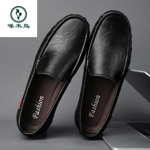 Woodpecker 2025 Printemps et été en cuir authentique Chaussures en cuir respirant décontractée pour hommes Softs Sofle Sole Hommes British One-Foot Lazy Chaussures Men 9901 Black Breathable 41