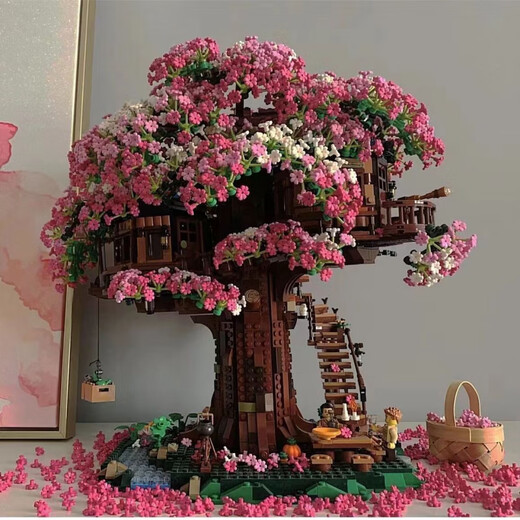 难度积木樱花树屋积木微颗粒花园城堡拼装玩具女孩子生日节日 15866颗【樱花屋粉色】 彩盒款+网红灯光